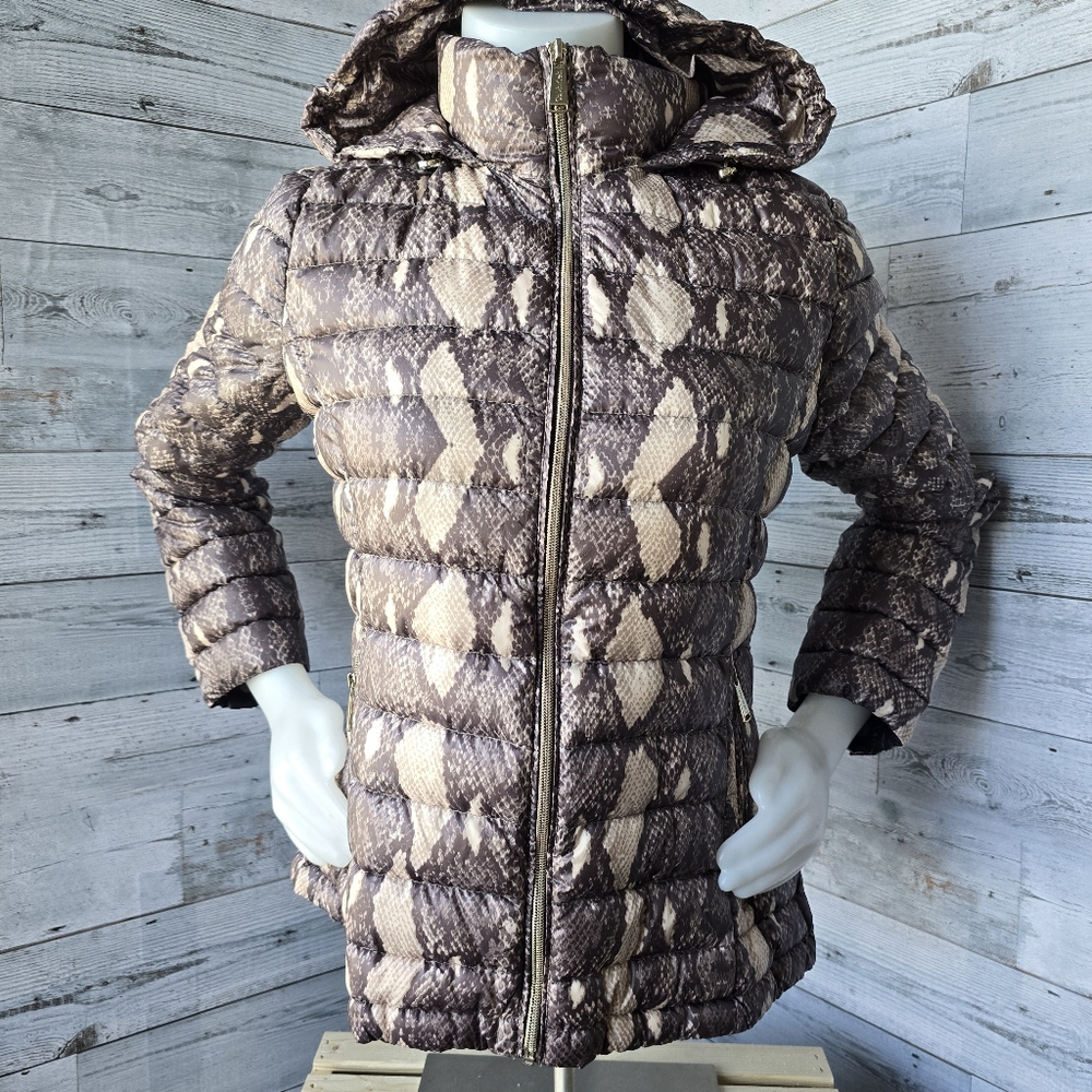 Calvin Klein Packable Down Puffer Jacket Snake Print Beige Hooded